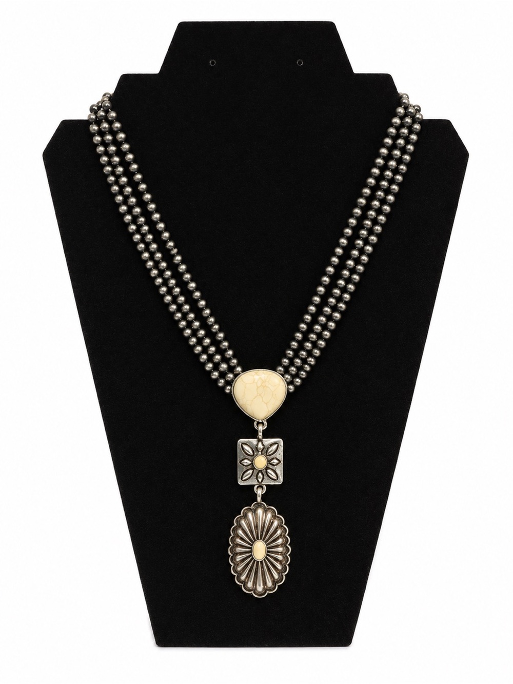 Triple-Row Silver tone Bead Necklace with Cream Accent and Floral Pendant